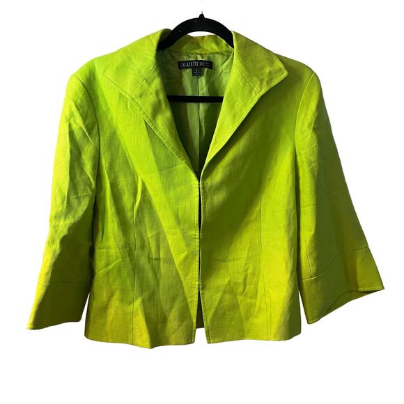 Lafayette Bright Trendy Lime Green Vibrant Linen Open-Front Blazer Jacket Size 8 - Picture 1 of 10